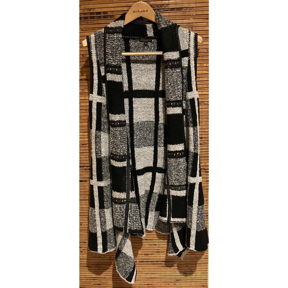 Alberto Makali Women’s M Black Gray Open Front Knit Vest Faux Leather‎ Trim